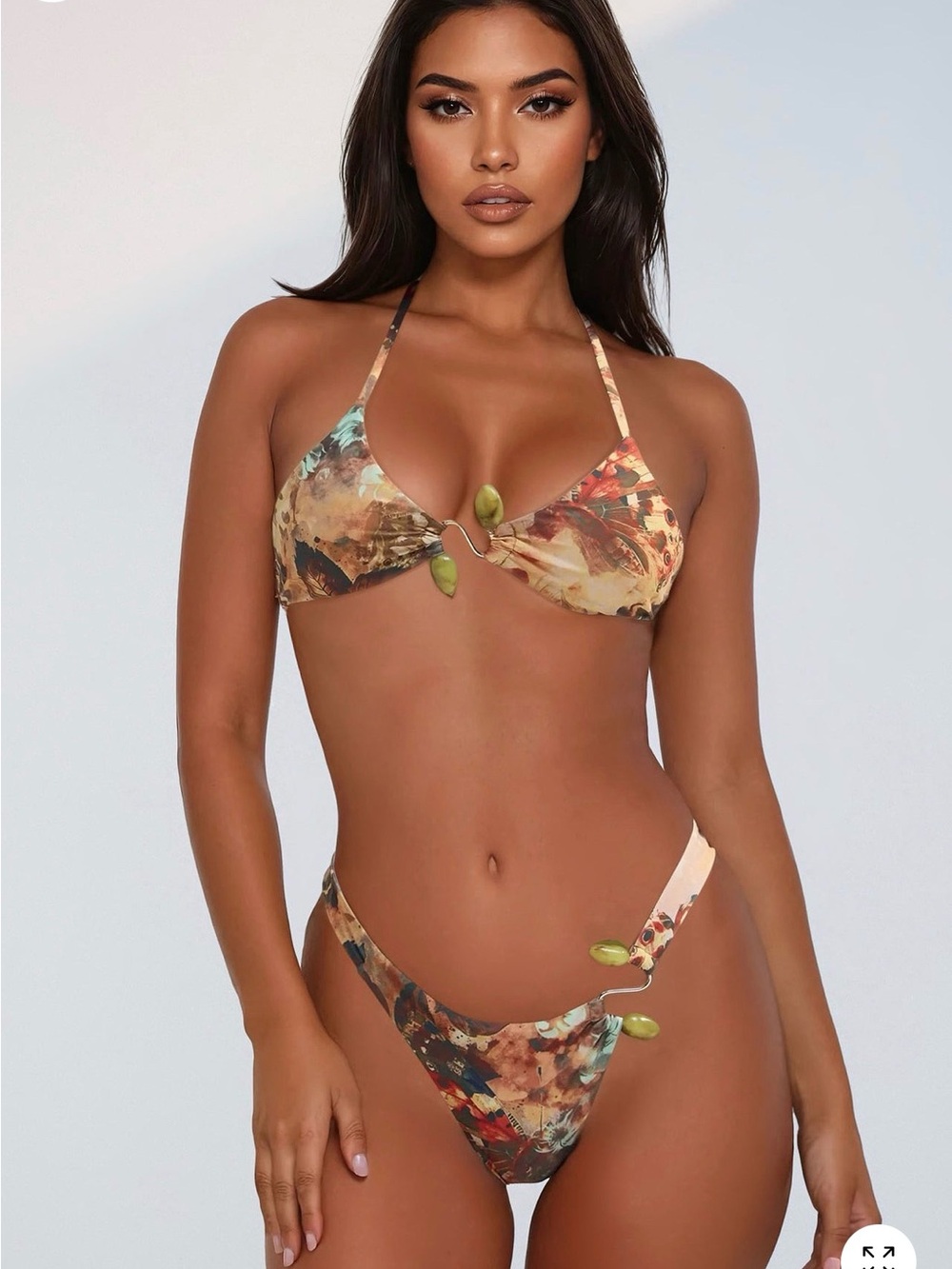 FASHION NOVA - NWT Jaden Stone Hardware Thong 2 Piece Bikini - Tan/Multi - L